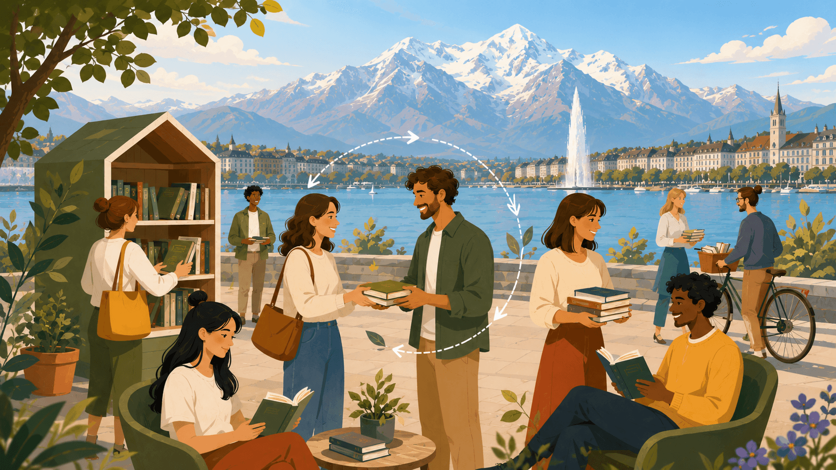 Des habitants de Genève s'échangent des livres au bord du lac, devant le Jet d'eau et les Alpes